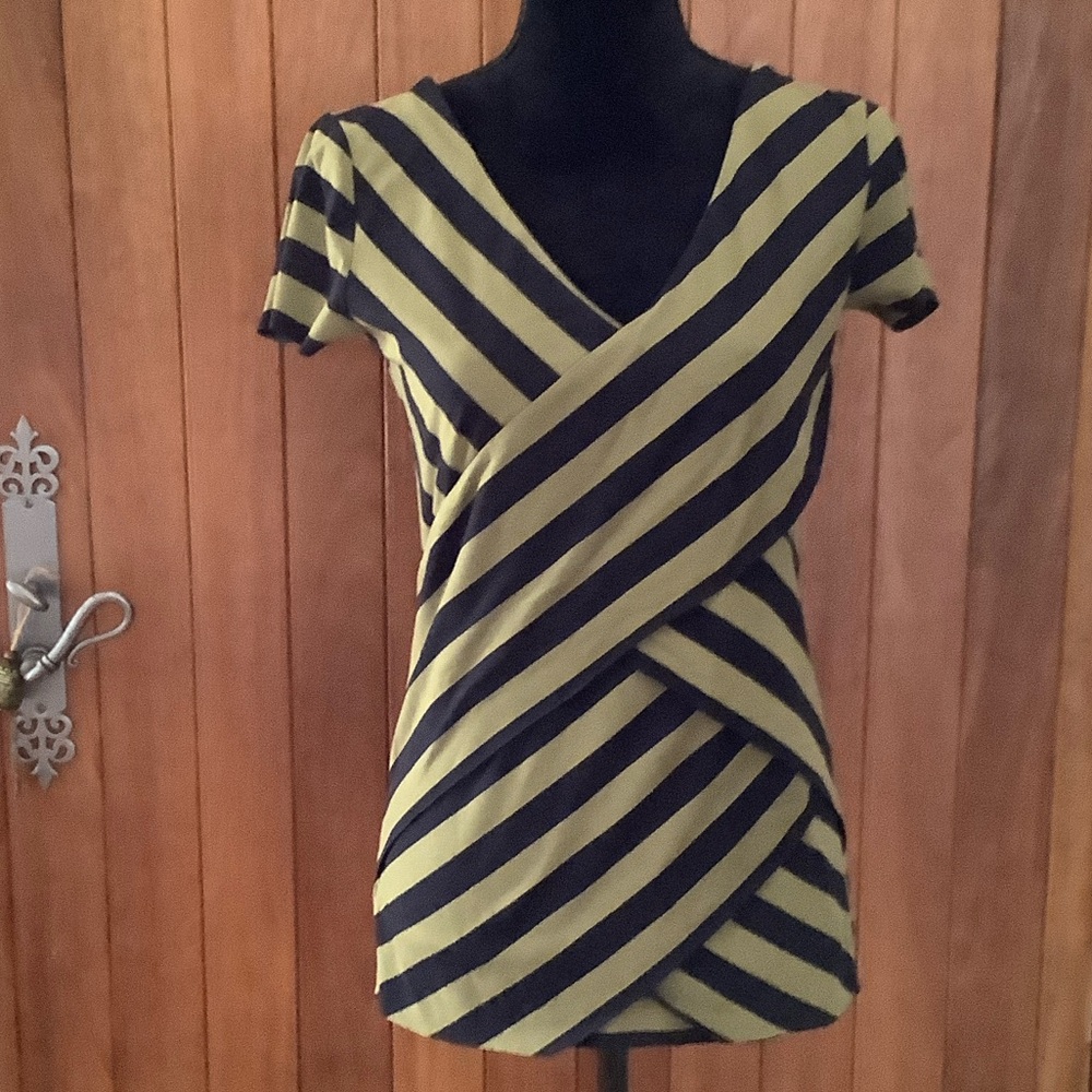 Verve Ami Diagonal Striped V-Neck Top - Green and Navy